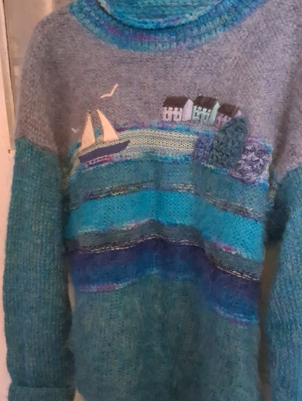 Coastal Knit Sweater with Boat Motif in Teal and Gray